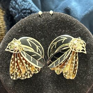 Gold and Black Layered Fan Drop Earrings - Statement Style clip